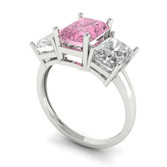 4ct emerald cut pink Zircon 14k white gold 3 stone Bridal Wedding Engagement Promise Anniversary Ring for Women size 6.75