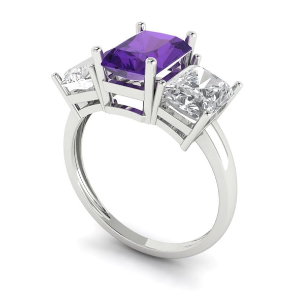 4ct emerald cut purple natural amethyst 18k white gold 3 stone Bridal Wedding Engagement Promise Anniversary Ring for Women size 6.75