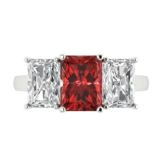 Clara Pucci 14K White Gold Solid Gold Garnet Three-Stone Anniversary Ring for Women - 4 cttw Emerald Cut