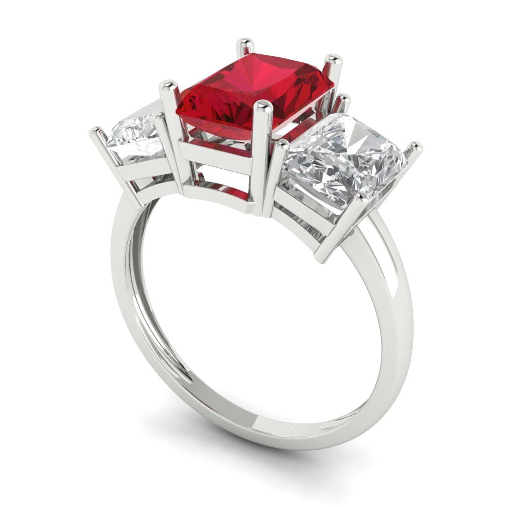 4ct emerald cut red ruby 18k white gold 3 stone Bridal Wedding ...
