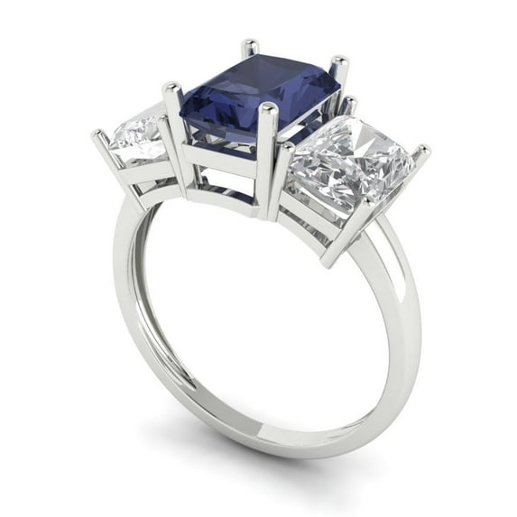 4ct emerald cut blue sapphire 14k white gold 3 stone Bridal Wedding Engagement Promise Anniversary Ring for Women size 9.25