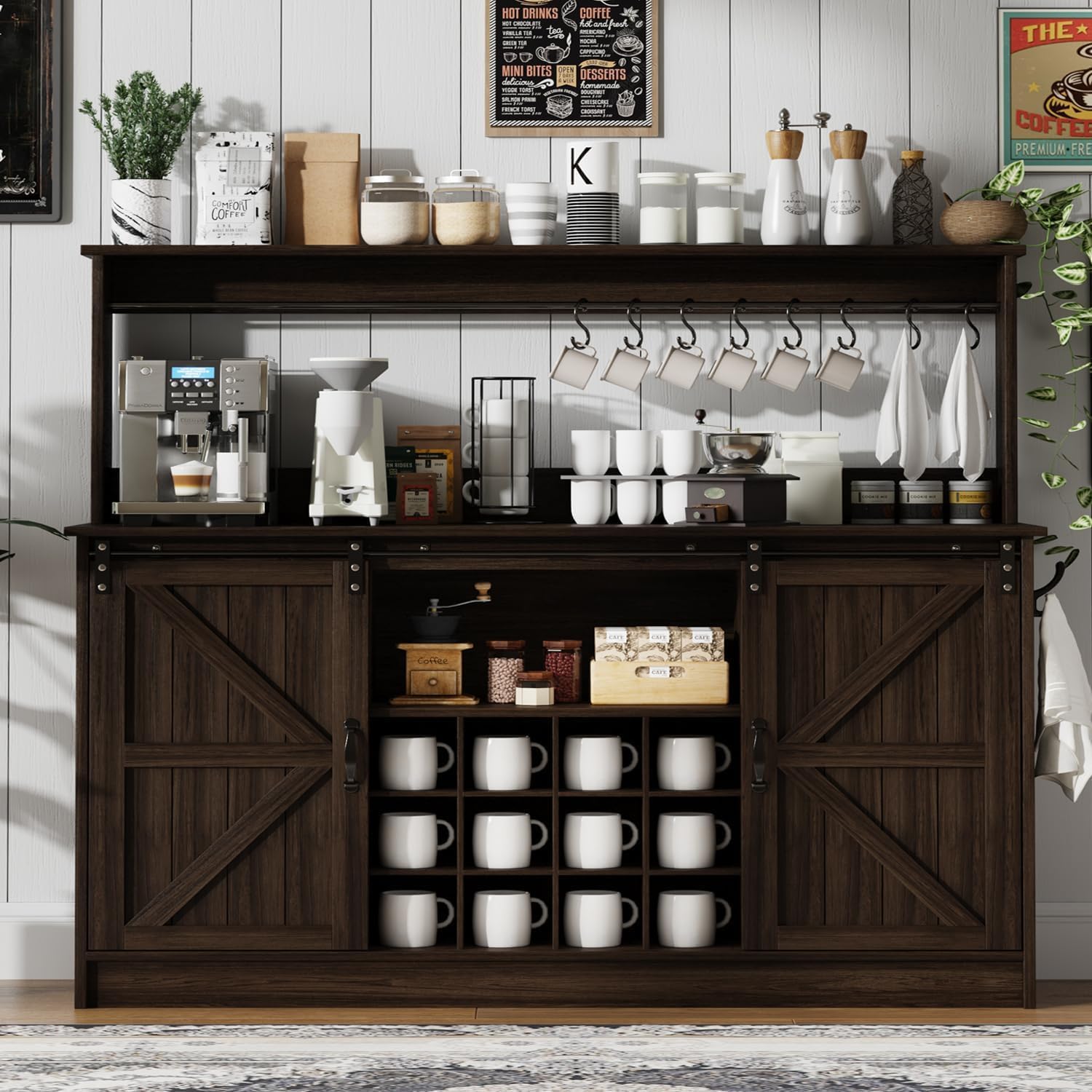 4ever2buy Farmhouse Coffee Bar Cabinet with Storage, 55 Inch Coffee Bar ...