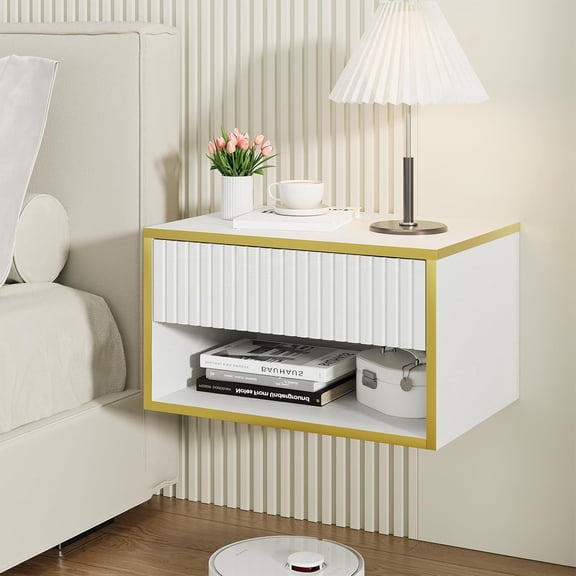 4ever2buy Floating Nightstand with Fluted Drawer, Modern Wall Mounted Nightstand with Open Shelf, White and Gold Night Stand for Bedroom, White