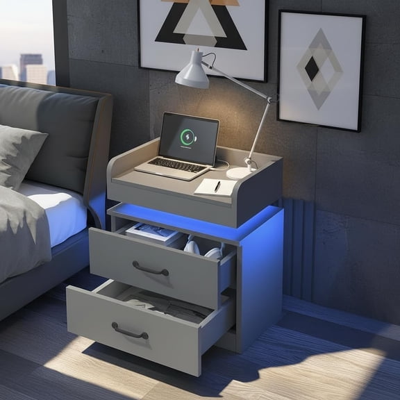 4ever2buy Modern Bedside Table LED Bedside Table with Charging Station and Double Drawers Engineering Wood Side Table for Bedroom Living Room 13.4" D x 19.3" W x 23.6" H, Grey
