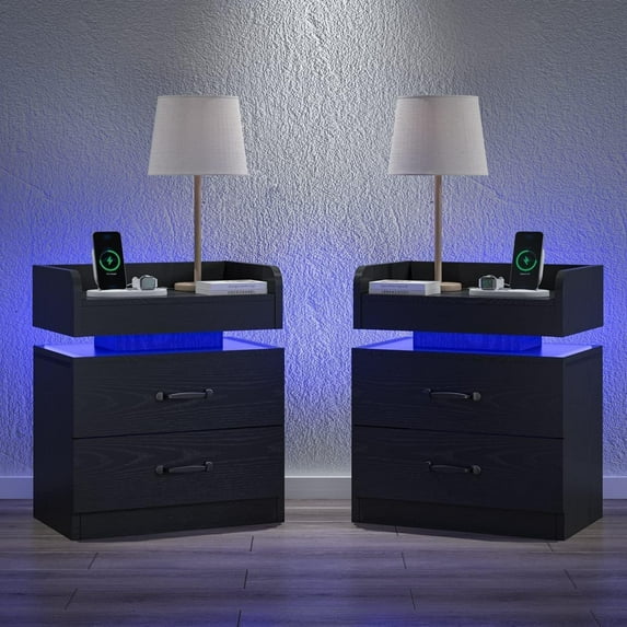 4ever2buy Nightstand Set of 2 with Charging Station, Black Night Stand Set 2, Bedside Tables for Bedroom, Led Nightstand, Modern Night Stand with Drawers, Black