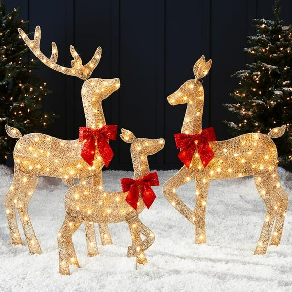 4ft 3-Piece 2D Lighted Christmas Deer Family Set, Large Outdoor Yard Reindeer Holiday Decoration with 175 , Stakes, Zip Ties -