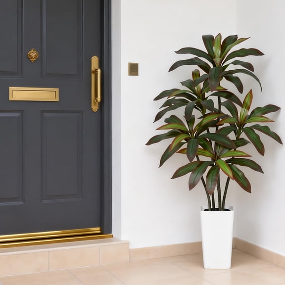 4ft/5ft/6ft Real Touch Artificial Dracaena Tree with Multi-Tonal Trunks, White Tall Planter and Decorative Stones, Maintenance-Free Lifelike Faux Plant for Home, Office, Living Room