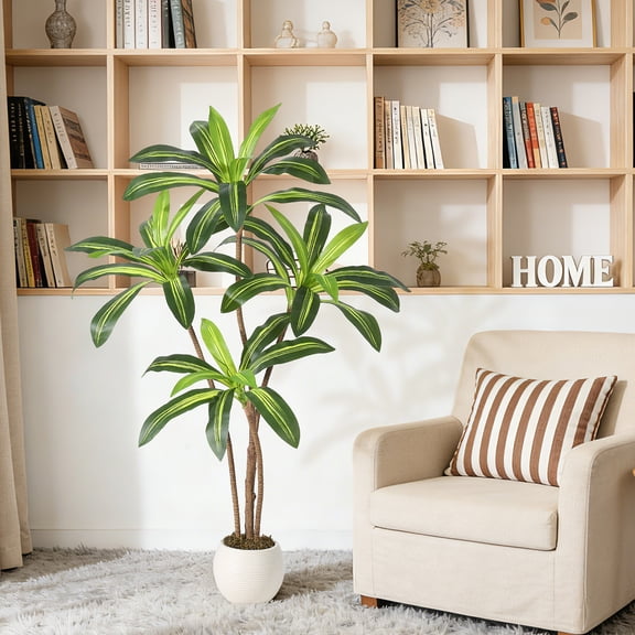 4ft/5ft/6ft Realistic Artificial Dracaena Tree with Natural Wood Trunk, Tall Faux Yucca Plant for Home & Office Decor