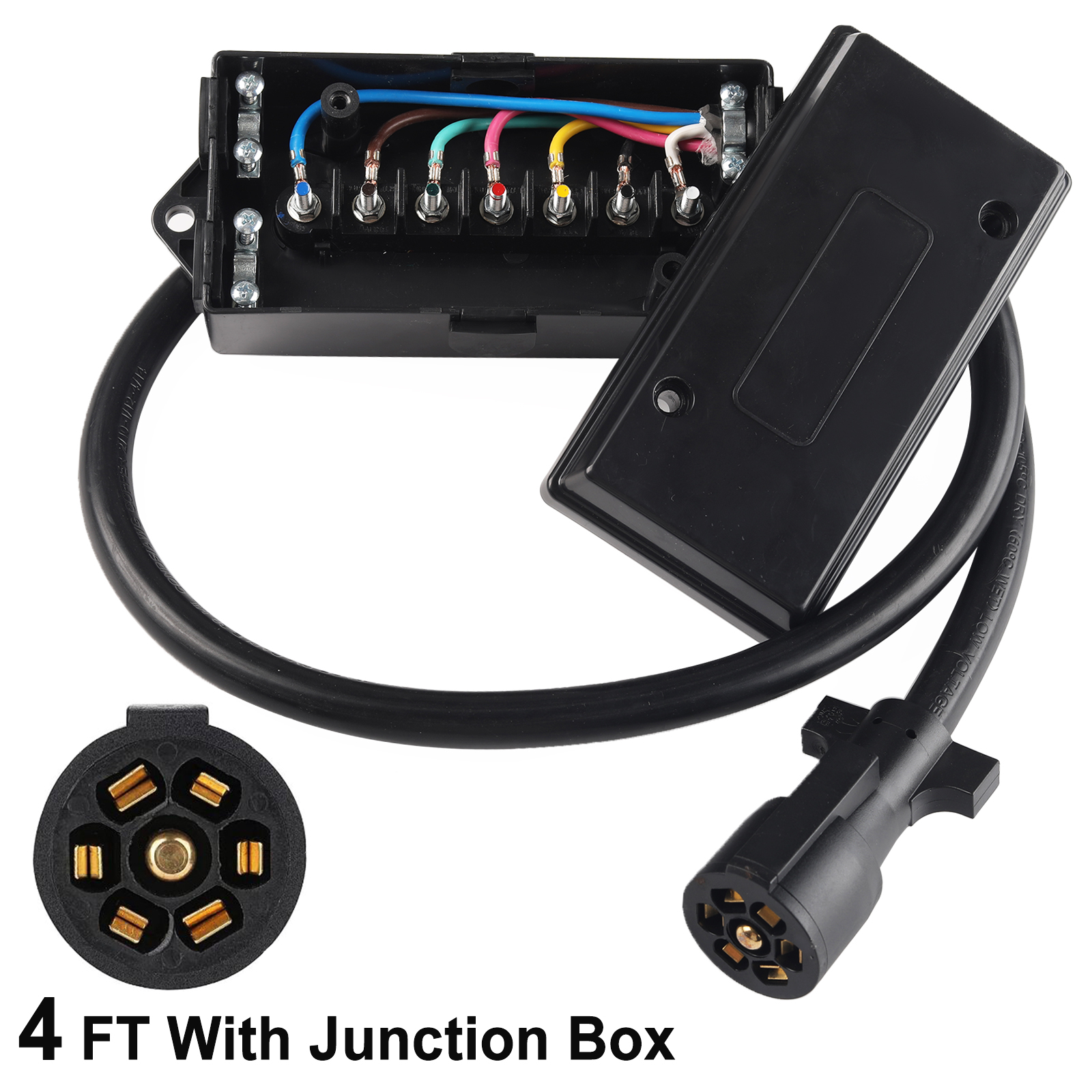 4ft 7 Way Plug Inline PreWired Trailer Cord RV Junction Box Inline