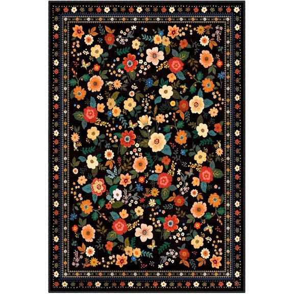 4ft Area Rugs for Living Room Vacuum-Friendly Machine Washable Area Rug Flower Floral Printed Pattern Low Pile Non-Slip Carpet for Bedroom Hallway Entryway, Black