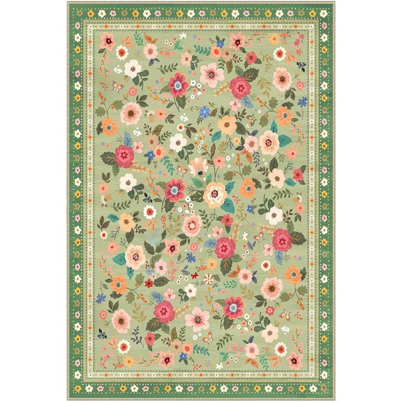 4ft Area Rugs for Living Room Vacuum-Friendly Machine Washable Area Rug Flower Floral Printed Pattern Low Pile Non-Slip Carpet for Bedroom Hallway Entryway, Light Green