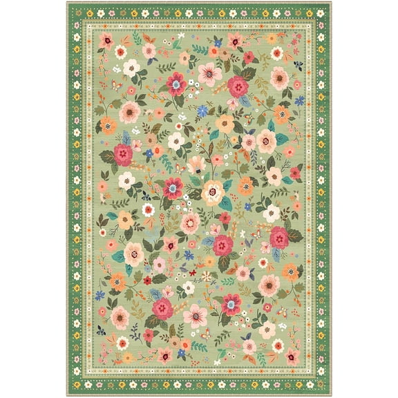 4ft Area Rugs for Living Room Vacuum-Friendly Machine Washable Area Rug Flower Floral Printed Pattern Low Pile Non-Slip Carpet for Bedroom Hallway Entryway, Light Green
