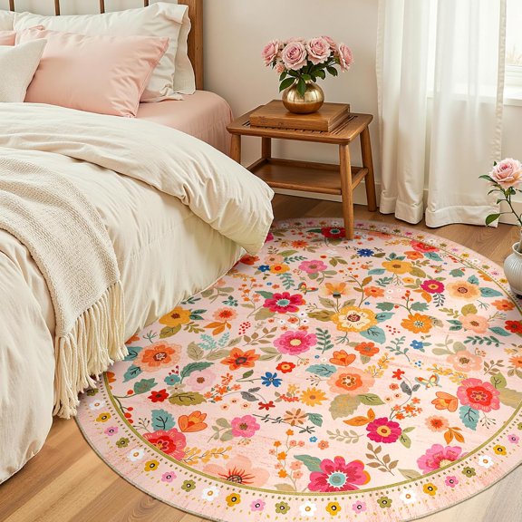 4ft Area Rugs for Living Room Vacuum-Friendly Machine Washable Area Rug Flower Floral Printed Pattern Low Pile Non-Slip Carpet for Bedroom Hallway Entryway, Pink Beige