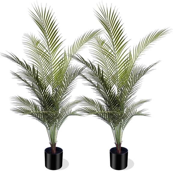 4ft Artificial Areca Palm Trees (Set of 2) - Faux Tropical Plants with Black Pots for Home Office Decor