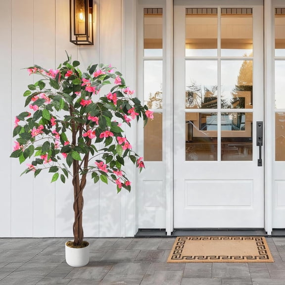 4ft Artificial Bougainvillea Tree with Pink Silk Flowers & Wood Trunk, Lifelike Faux Floor Plant for Indoor Outdoor Home Office Decor, UV Resistant Fake Tree with Planter
