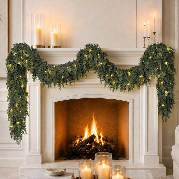 4ft Artificial Cedar Garland with Lights, Norfolk Pine Christmas Garland for Holiday Winter Mantle, Wall, Fireplace, Staircase Indoor Outdoor Decor