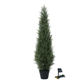 4ft Artificial Cedar Topiary Trees for Outdoors, Fake Cypress Plants with Solar Light String, Faux uv resistant Plants for Home Front Porch Decor, Housewarming Gift