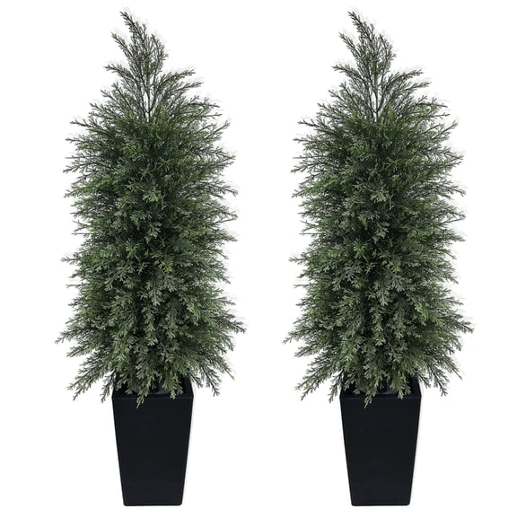 5ft Artificial Cedar Topiary Tree with Tall Black Planter(2 Pack) - Faux Evergreen Conifer in Decorative Pot - Indoor/Outdoor Home Decor