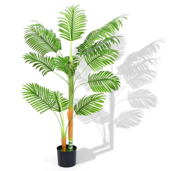 4ft Artificial Double Trunk Palm Tree, Fake Areca Plant with 2 Heads for Home Office Decor