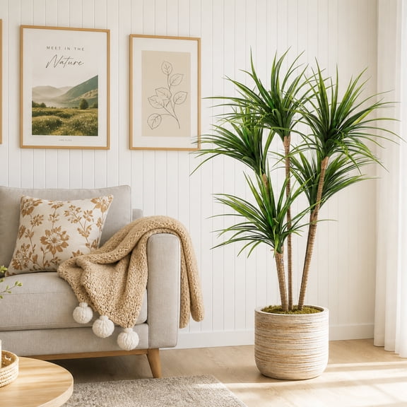 4ft Artificial Dracaena Plant, Tall Faux Tree with Realistic Leaves, Greenery Decor for Home, Office, Living Room, Patio, Porch & Balcony