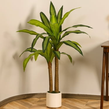 4ft Artificial Dracaena Tree in White Planter, Fake Tropical Yucca Floor Plant, Faux Tree for Home Office Living Room Decor Indoor Perfect Housewarming Gift