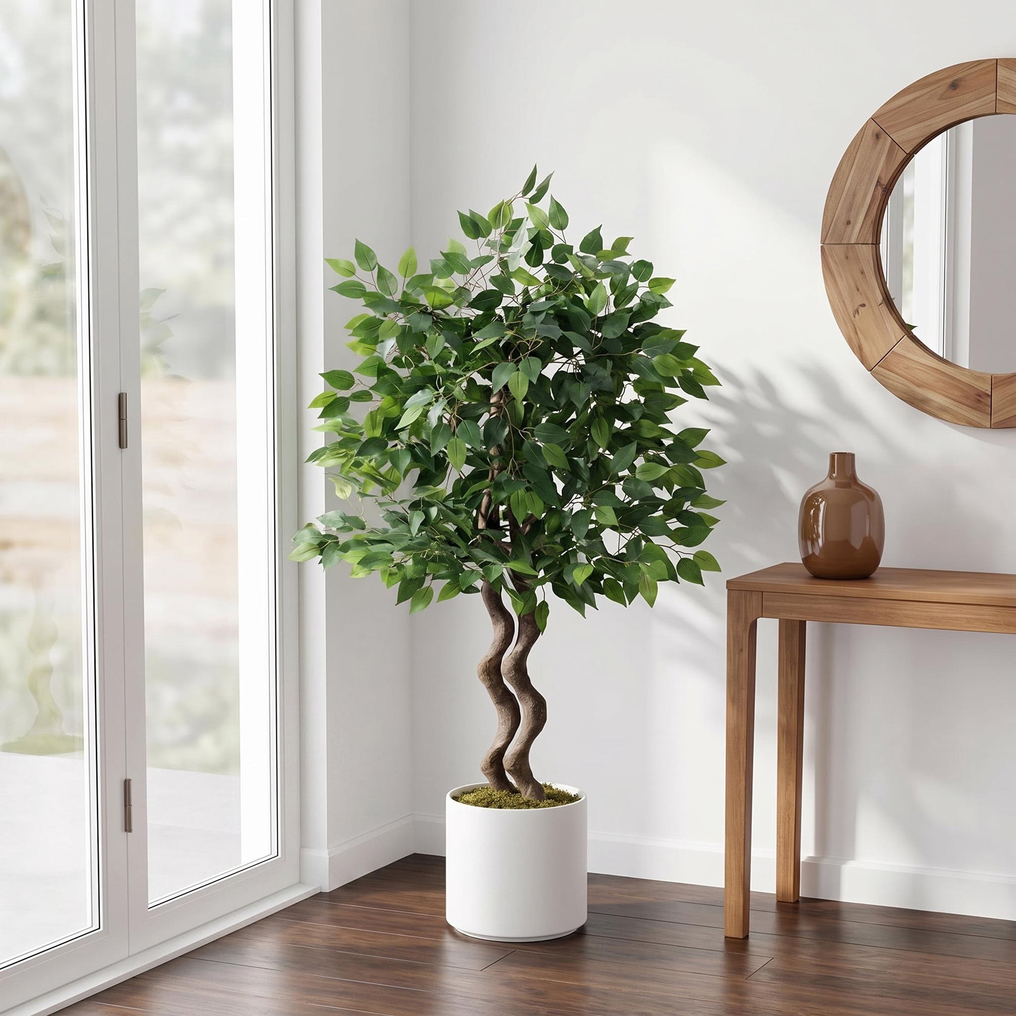 4ft Artificial Ficus Tree, Faux Banyan Tree Floor Plant with Realistic PVC Trunk and Full Dense Foliage, Indoor Home Office Living Room Decor