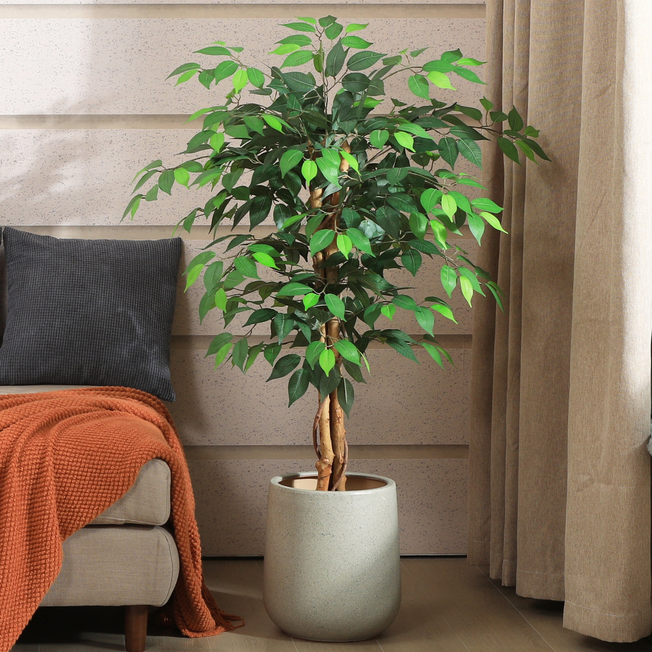 4ft Tall Artificial Ficus Tree with Natural Wood Trunk, Silk Fake Plant