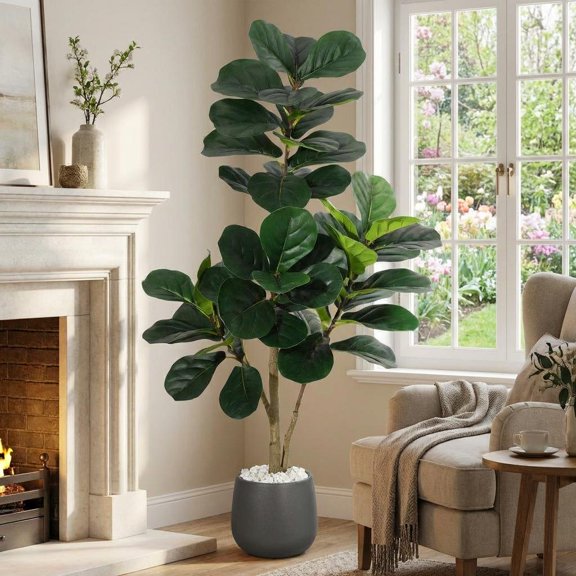 4ft Artificial Fiddle Leaf Fig Tree, 48 Realistic Faux Ficus Lyrata Leaves with 3D Veins, 7.8in Grey Ceramic Planter with Decorative Pebbles, Indoor Fake Floor Plant for Home Office Living Room