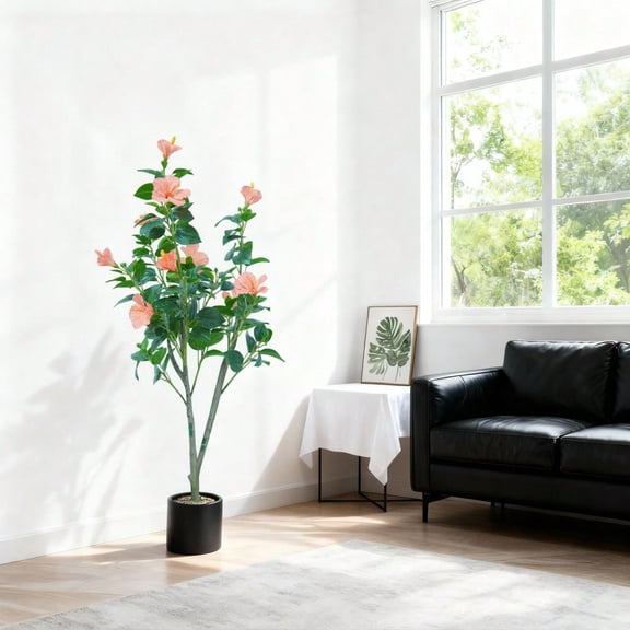 4ft Artificial Hibis-Cus Tree – Red Faux Flower Plant In Pot For Indoor And Outdoor Use, Perfect For Patio, Garden, Living Room Or Office Decor Black pot