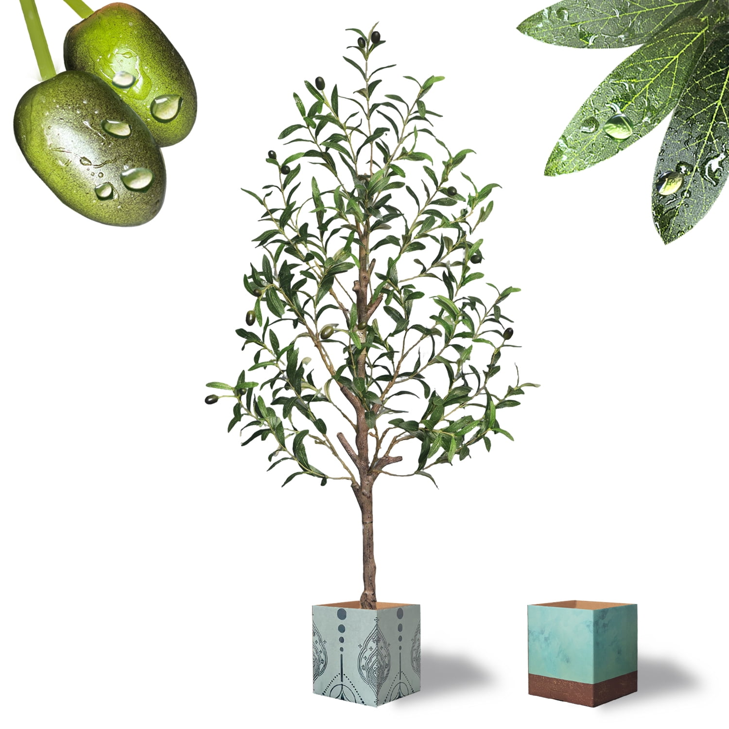 4ft Artificial Olive Tree with Lifelike Dewdrops Glossy Fruits Decorative Cardboard Planter Apartment Office Corner Decor