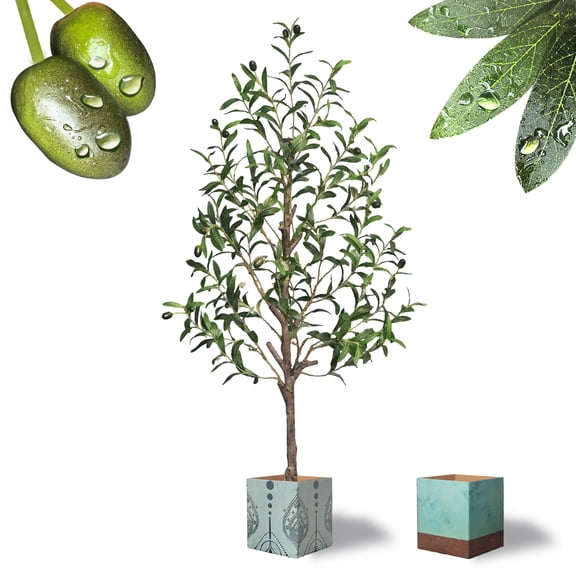 4ft Artificial Olive Tree with Lifelike Dewdrops Glossy Fruits Decorative Cardboard Planter Apartment Office Corner Decor