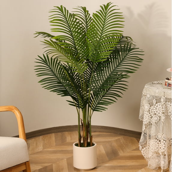 4ft Artificial Palm Plant in White Planter, Fake Palm Tree, Faux Plant for Indoor Outdoor Modern Decoration Dypsis Lutescens Plants in Pot for Home Office