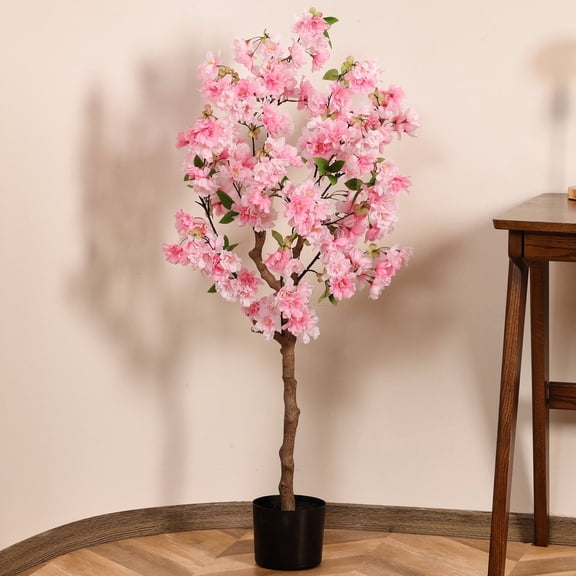 HiPlants 4ft Artificial Pink Cherry Blossom Tree in Black Pot, Faux Wishing Tree Indoor for Garden Office Party Wedding Hotel, Fake Plants for Office Home Decor