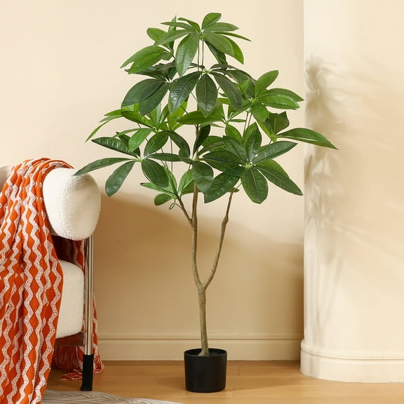 4ft Artificial Plants Pachira Aquatica Money Tree, Fake Plastic Money Plant, Pre Potted Faux Greenry Plant for Home Decor Office House Living Room Indoor Outdoor