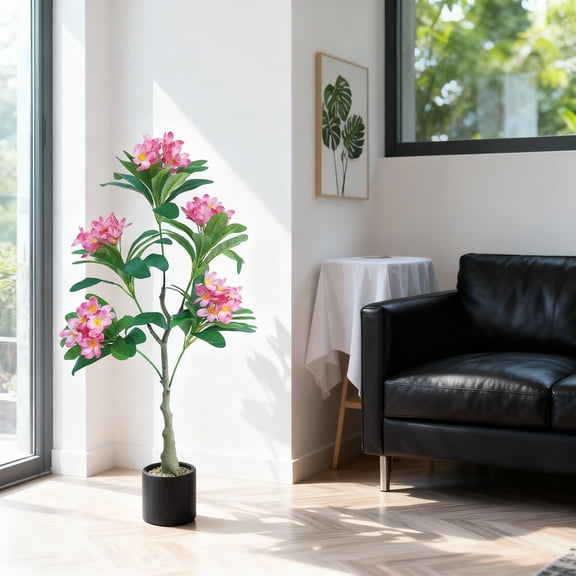 4ft Artificial Plumeria Tree, Pink Frangipani Plant in Pot for Home Office Decor