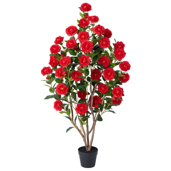 Artificial Camellia Tree 4FT Tall Faux Camellia Plant UV Resistant Fake Flowering Tree Potted – 48 Blooming Red Flowers & 348 Silk Leaves, Artificial Plant Indoor Outdoor Decor for Living Room Porch