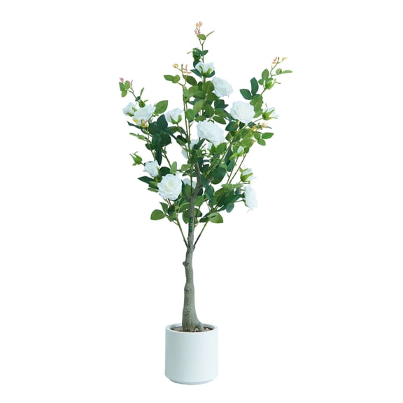 4ft Artificial White Rose Tree in Pot, Elegant Faux Floral Tree with Lush Leaves for Home, Office & Indoor Decor