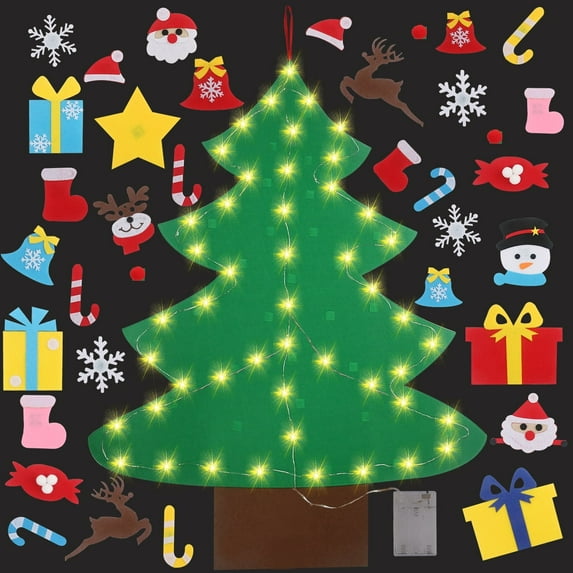 Gamexcel 4ft DIY Felt Christmas Tree with 36 Pcs Ornaments & 5m LEDs String Lights for Toddlers Christmas Wall Hanging Decor
