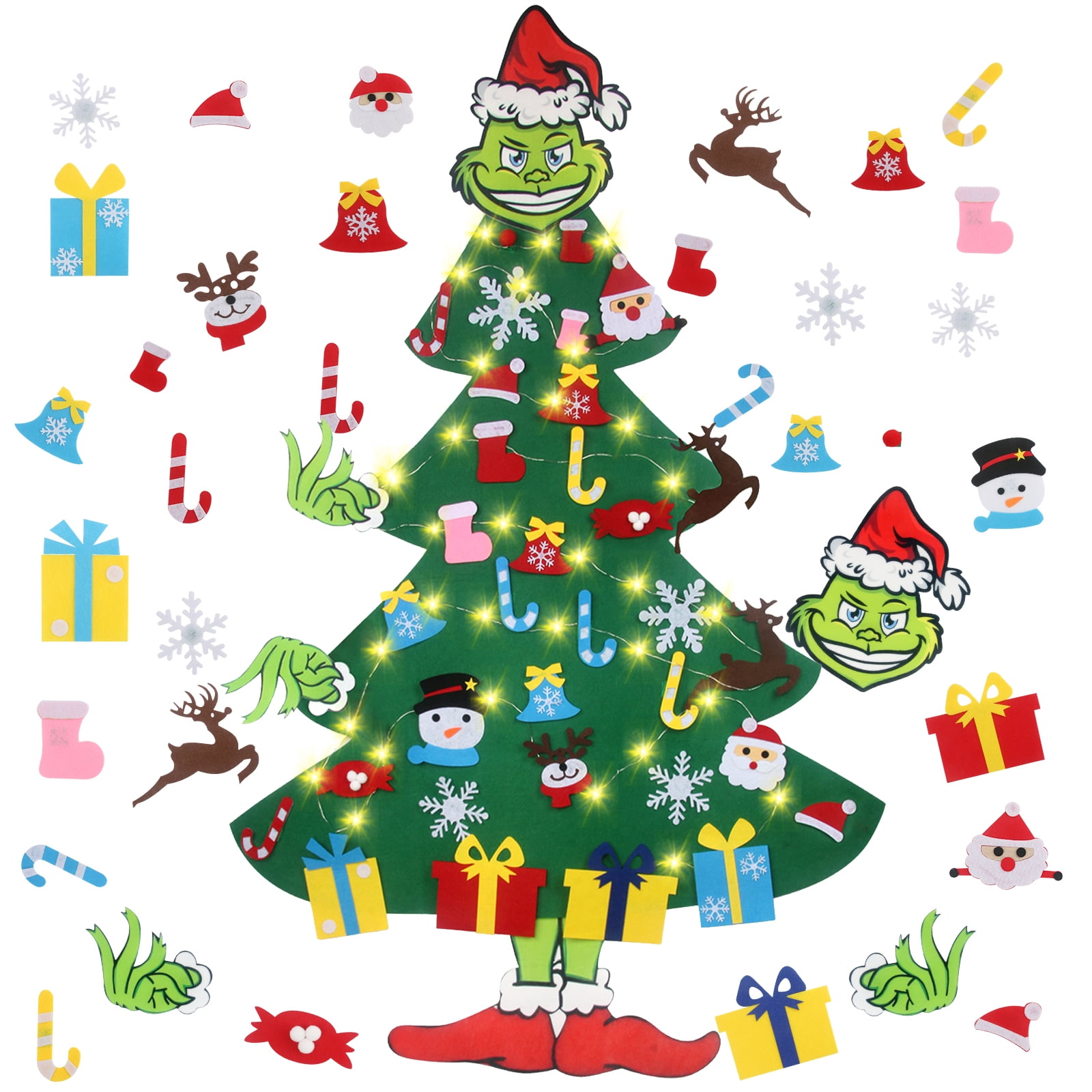 4ft DIY Grinch Felt Christmas Tree with 36 Pcs Ornaments & 5m LEDs