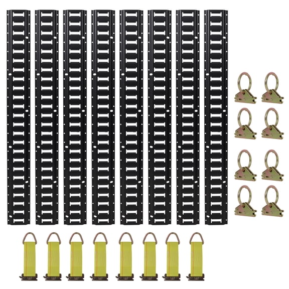 4ft E Track Tie-Down Rail Kit, 8 Pack Steel E-Track Rails with 8 O-Ring Anchors & 8 Rope Tie Offs, Cargo Securing System for Trailer Van Garage, Max Load 2000 lbs, Black