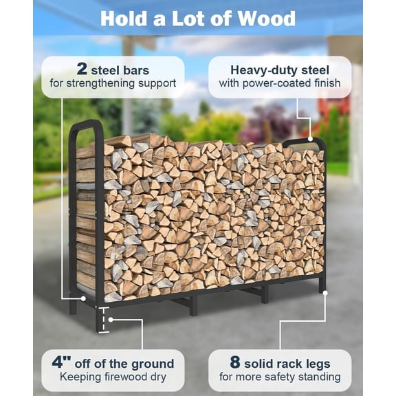 4ft Firewood Rack Holder with Cover, Adjustable Heavy Duty Fire Log Stacker Stand for Fireplace, Outdoor Indoor Metal Wood Pile Storage Organizer, Patio Logs Stand tool, Black$$Garden & Patio