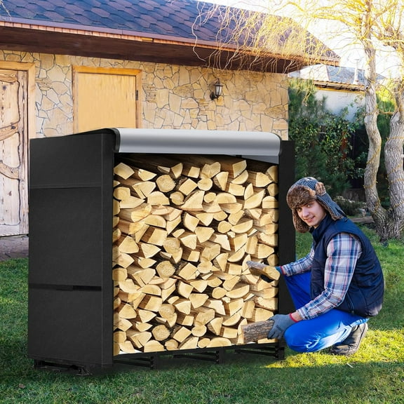 4ft Firewood Rack Outdoor with Waterproof Widened Cover, Heavy Duty Firewood Holder includes Hooks, Powder-coated Wood Rack with Carrier Bag, Firewood Storage Rack for Fireplace Deck