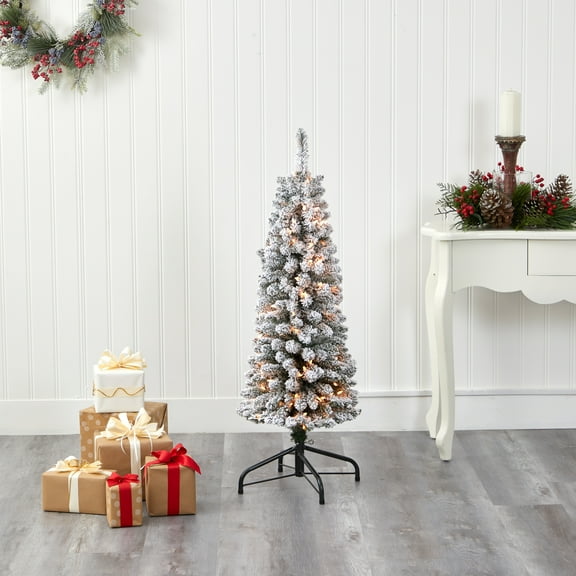 Nearly Natural 4ft. Flocked Pencil Artificial Christmas Tree with 100 Clear Lights and 216 Bendable Branches