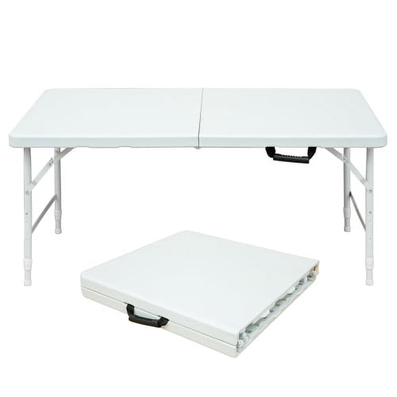 4ft Foldable Plastic Utility Table, Portable Folding Table with Handle & Adjustable Legs, Indoor/Outdoor Heavy-Duty Table for Picnic, Party, White