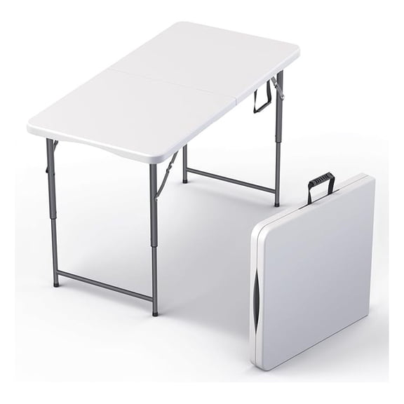 4ft Foldable Table - Adjustable Height Steel Legs - Heavy Duty Portable Table for Events, Camping, Dining - Indoor/Outdoor Utility