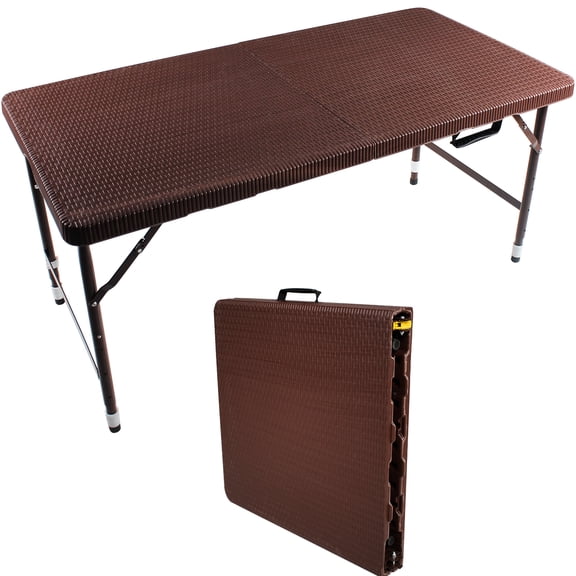 4ft Foldable Table For Outdoor & Indoor, Portable With Fixed Grip, Brown, Smooth And Waterproof Top Solid Build Garden Outdoor, Convenient Maintenance