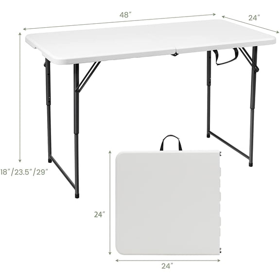 4ft Folding Table, 48 x 24 Inch Indoor Outdoor Foldable Plastic Folding Tables, Height Adjustable Portable Rectangular Utility Card Table w/Handle, for Picnic, Party, Dining, Camping, White