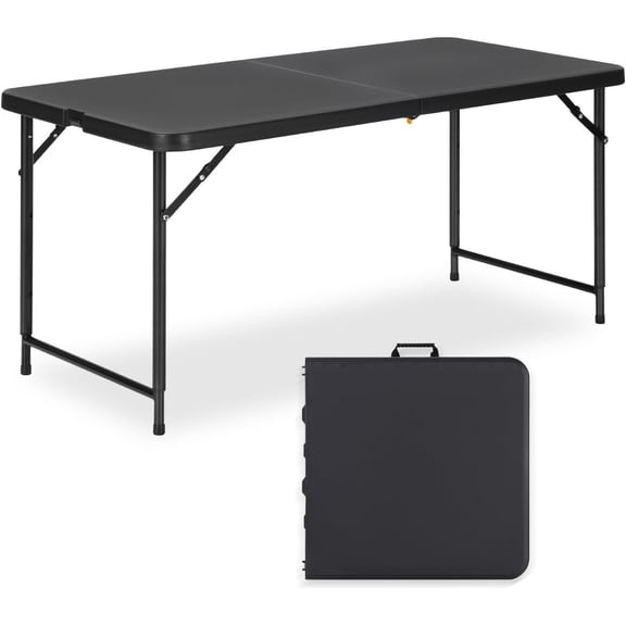 4ft Folding Table with Adjustable Height, 3-Level Foldable Table with HDPE Top & Steel , Portable 4 Foot Folding Table for Picnic, Party, Craft, Indoor Outdoor Use, Black