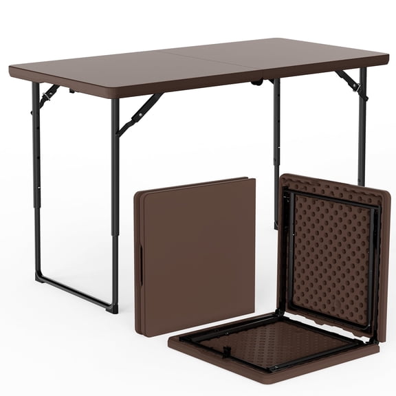 4ft Folding Table - Heavy Duty Fold-in-Half Plastic Table, Portable Utility Tables with Adjustable Height Steel Legs for Events, Camping, Indoor & Outdoor Use (Brown)