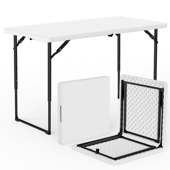 4ft Folding Table - Heavy Duty Fold-in-Half Plastic Table, Portable Utility Tables with Adjustable Height Steel Legs for Events, Camping, Indoor & Outdoor Use (White)
